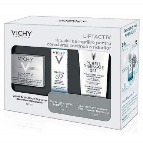 Oferta Pachet Crema antirid si fermitate pentru ten normal si mixt Liftactiv Supreme 50ml, Gel Booster Mineral 89 5ml si Demachiant 3in1 Purete Thermale 100 ml, Vichy