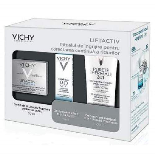 Oferta Pachet Crema antirid si fermitate pentru ten uscat Liftactiv Supreme 50ml, Gel Booster Mineral 89 5ml si Demachiant 3in1 Purete Thermale 100 ml, Vichy