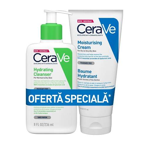 Pachet Crema hidratanta fata si corp si Gel de spalare hidratanta, 236 ml+177 g, CeraVe