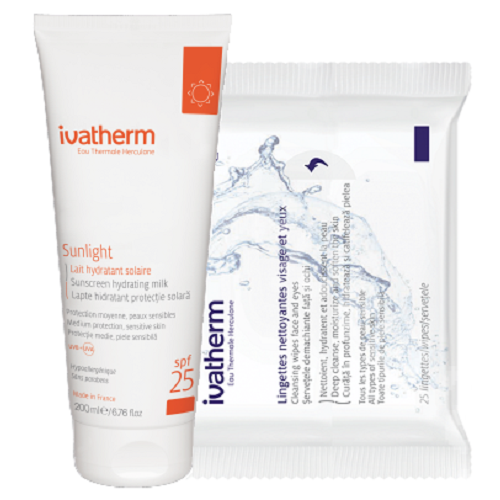 Oferta Pachet Lapte hidratant Sunlight SPF25 si servetele, 200 ml, Ivatherm