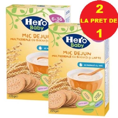 Oferta Pachet Mic Dejun MultiCereale cu biscuiti si lapte, 225g, Hero Baby