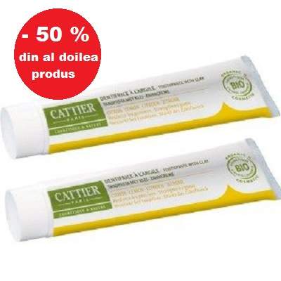 Oferta Pachet Pasta de dinti Bio cu argila si lamaie pentru gingii iritate Dentargile, 1+1, Cattier