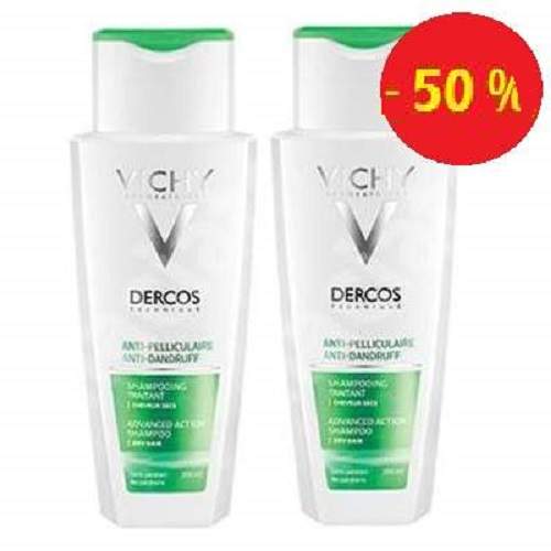 Oferta Pachet Sampon anti-matreata pentru par normal si uscat Dercos, 2x200 ml, Vichy