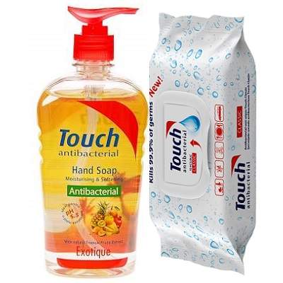 Oferta Pachet Sapun antibacterial Exotique si servetele, 500ml, Touch