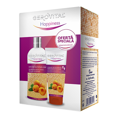 Pachet lotiune nutritiva pentru corp Gerovital happiness, 200 ml si crema deodoranta, hidratanta pentru picioare, 100 ml, Farmec