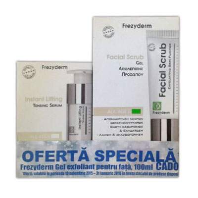 Pachet Ser cu efect de netezire instant lifting, 15 ml, Frezyderm + Cadou Gel exfoliant pentru toate tipurile de ten, 100 ml, Frezyderm