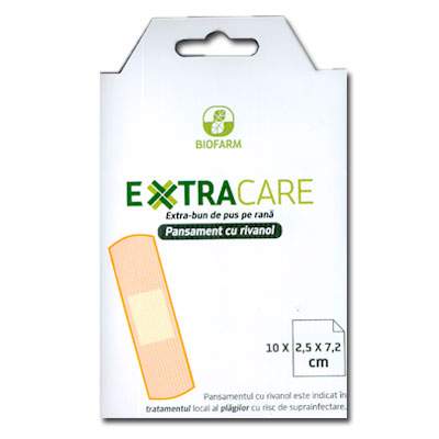 Pansament cu rivanol Extracare, 2.5x7.2 cm, 10 bucati, Biofarm