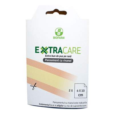 Pansament cu rivanol Extracare, 6x10 cm, 2 bucati, Biofarm