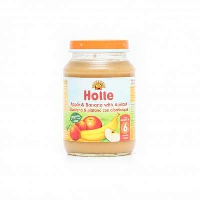 Piure Bio cu mere, banane si caise, +6 luni, 190 g, Holle Baby Food