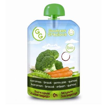 Piure Bio cu morcov, brocoli, mazare si quinea, +8 luni, 140 g, Goodness Gracious