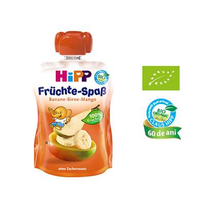 Piure Bio de banane, pere si  mango, Fruit Fun, Gr. 1-3 ani, 90 g, Hipp