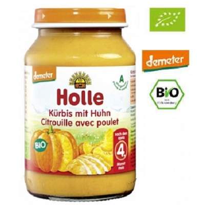 Piure Bio de dovleac si carne de pui, +4luni, 190 g, Holle Baby Food