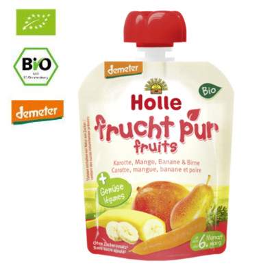 Piure Bio de fructe-legume cu morcovi, mango, banane si pere, Gr. 6 luni, 90 g, Holle Baby Food