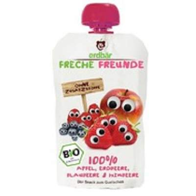 Piure Bio din mere, capsuni, afine si zmeura, 100 g, Freche Freunde