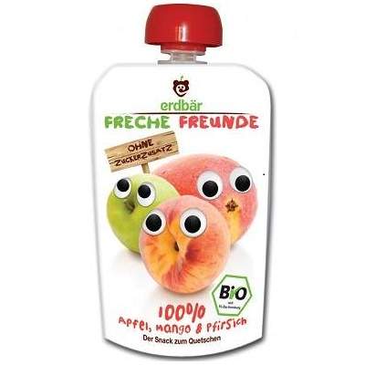 Piure Bio de mere, mango si piersici, 100 g, Freche Freunde