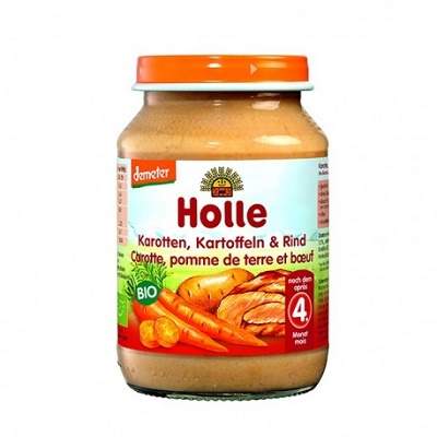 Piure Bio de morcovi, cartofi si carne de vita, +4 luni, 190 g, Holle Baby Food