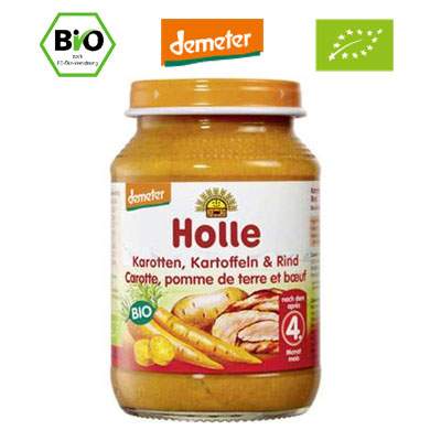 Piure Bio de morcovi, cartofi si carne de vita, Gr. 4 luni, 190 g, Holle Baby Food