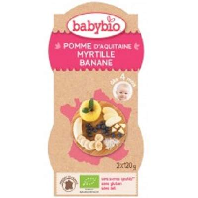 Piure Bio din mere, afine si banane, +4luni, 2X120g, BabyBio