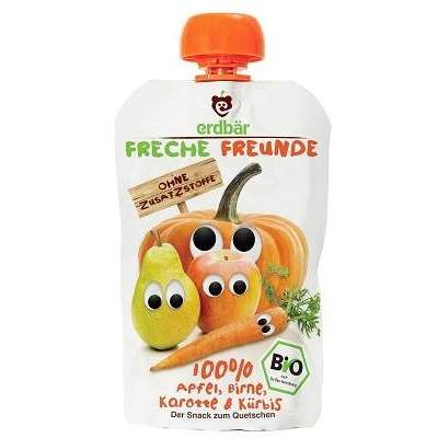 Piure Bio din mere, morcov si dovleac, 100 g, Freche Freunde