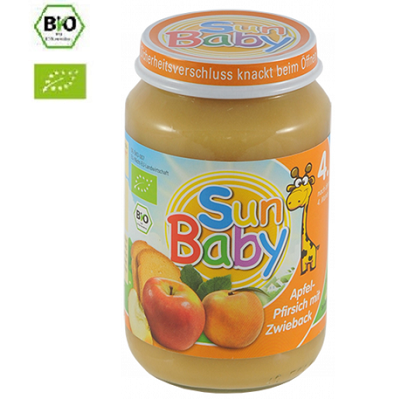 Piure Bio din mere, piersici si pesmet, +4luni, 190g, SunBaby Food