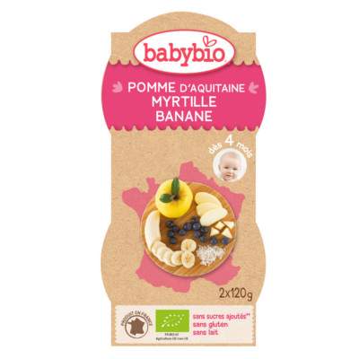 Piure cu mere, afine si banane, Gr. 4 luni, 2x120 g, Babybio