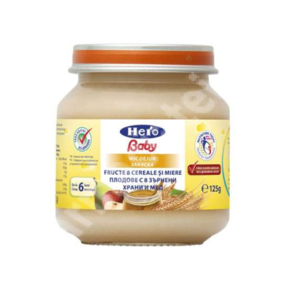 Piure de fructe, cereale si miere,  6 luni, 125 g, Hero Baby