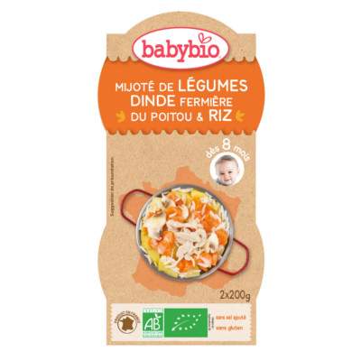 Piure de legume, orez si carne de curcan, Gr. 8 luni, 2x200 g, Babybio