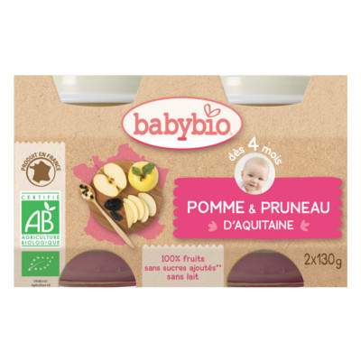 Piure de mere si prune uscate, Gr. 4 luni, 2x130 g, Babybio