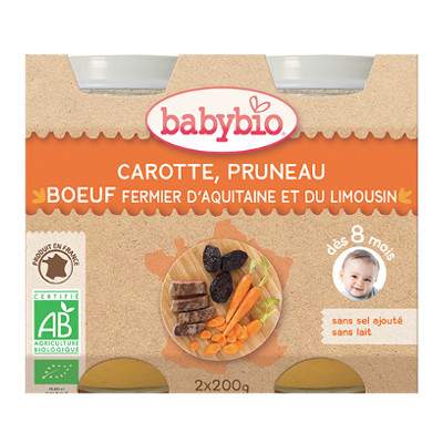 Piure de morcov, prune uscate  si carne de vacuta, Gr. 8 luni, 2x200 g, Babybio