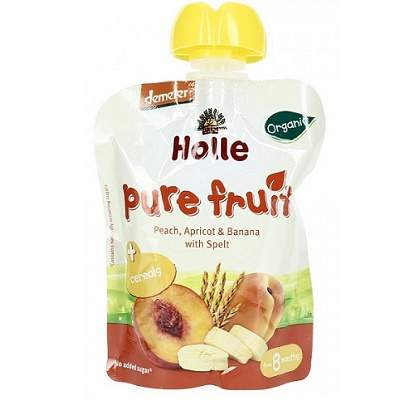 Piure eco cu grau spelta, piersici, caise si banane, +8 luni, 90gr, Holle