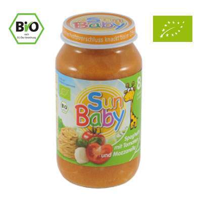 Piure Meniu cu spaghete, rosii si mozarella, +8luni, 220g, SunBaby Food