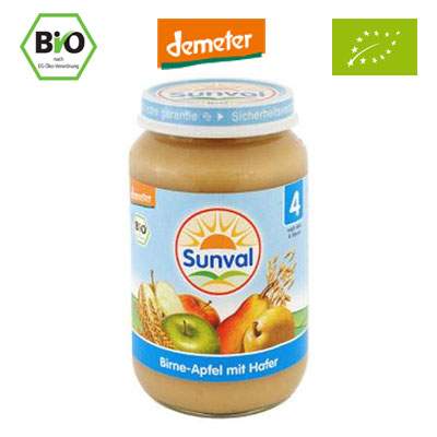 Piure Organic din pere, mere si ovaz, Gr. +4 luni, 190 g, Sunval