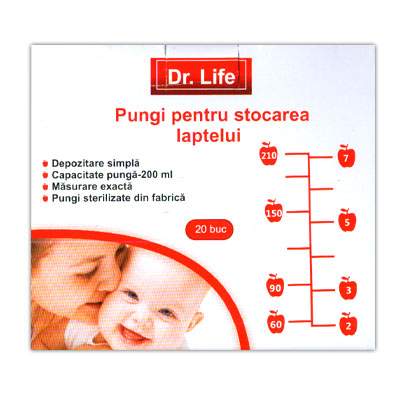 Pungi pentru stocarea laptelui, 200 ml, 20 bucati, Dr. Life