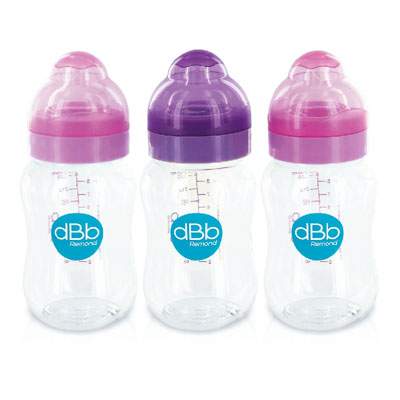 Set 3 biberoane din tritan cu tetina anticolici din silicon roz-violet LO, +4 luni, 3x250 ml, 129228, dBb Remond