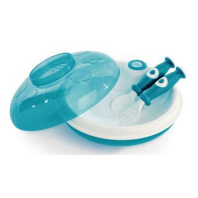 Set farfurie termica cu ventuza, capac-castron si tacamuri turquoise, +6 luni, 211049, dBb Remond