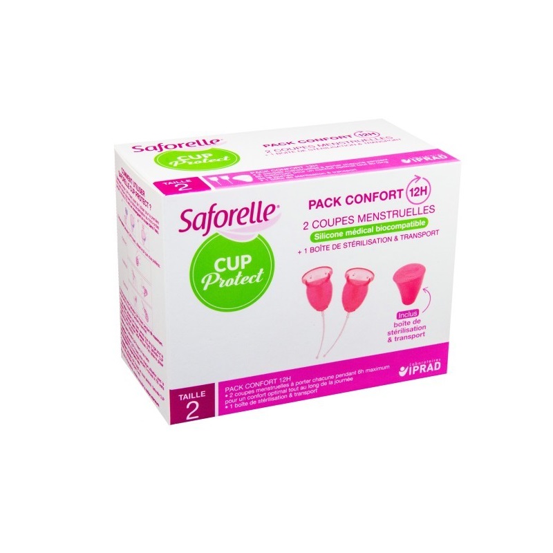 Cupe menstruale din silicon biocompatibil, 2 bucati si 1 recipient pentru sterilizare, marimea 2, Saforelle