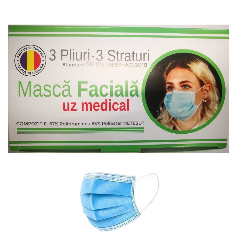 Masti medicale, 3 pliuri, 3 straturi, tija nazala, 50 bucati         