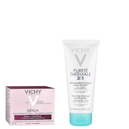 Oferta pachet Crema de zi energizanta pentru ten uscat Idelia 50ml + Demachiant 3 in 1 Purete Thermale 100ml, Vichy