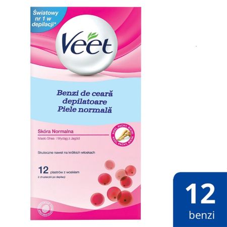 Benzi depilatoare pentru corp piele normala cu unt de shea si fructe de padure Veet, 12 bucati, Reckitt Benckiser