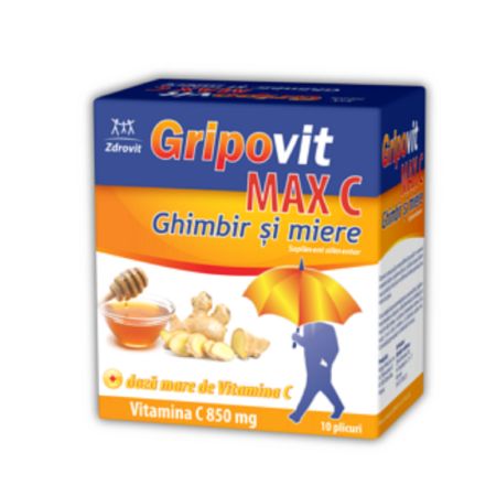 Gripovit Max C ghimbir si miere, 10 plicuri, Zdrovit