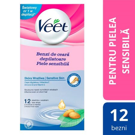 Benzi depilatoare cu ceara rece pentru piele sensibila, 12 benzi, Veet