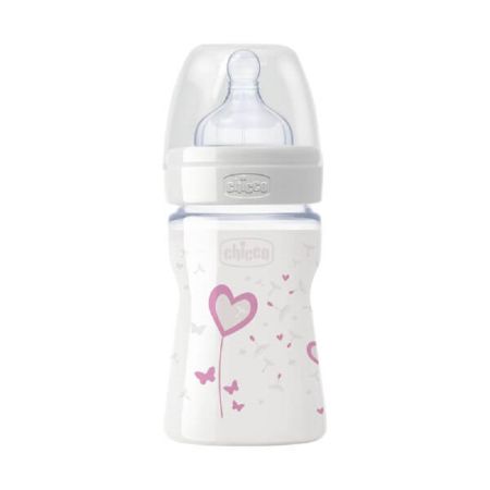 Biberon decorat din sticla, 150 ml, 2071110-7, 0 luni, Girl, Chicco