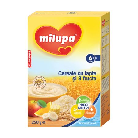 Cereale cu lapte si 3 fructe, +6 luni, 250g, Milupa