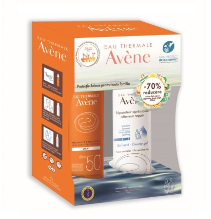 Oferta Pachet Avene Spray protectie solara SPF 50+, 200 ml si Crema reparatoare, 200ml, Pierre Fabre