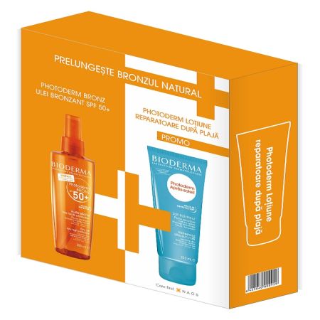 Pachet Photoderm Ulei bronzant SPF50+ 200ml + Lotiune reparatoare dupa plaja 200ml, Bioderma