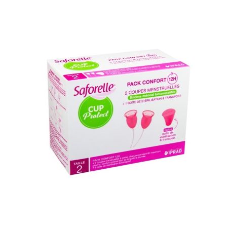 Cupe menstruale din silicon biocompatibil, 2 bucati si 1 recipient pentru sterilizare, marimea 2, Saforelle