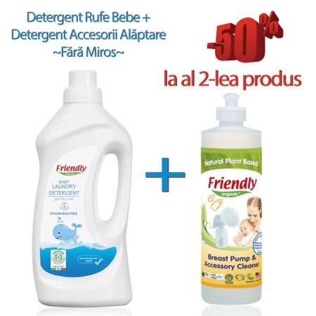 Pachet Detergent pentru rufe fara miros Bebe, 1000 ml si Detergent pentru curatarea accesoriilor, 473 ml, Friendly Organic