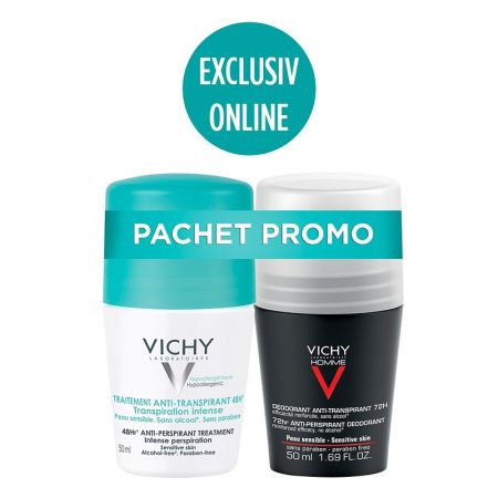 Oferta Pachet Homme Deo Roll-on 72 h pentru barbati 50 ml + Deo Roll-on 48 h cu parfum 50 ml, Vichy