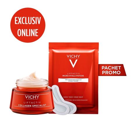 Oferta Pachet Liftactiv Collagen Specialist Crema de zi Antirid 50 ml + Liftactiv Micro Hyalu Plasturi Antirid pentru zona ochilor 2 buc, Vichy