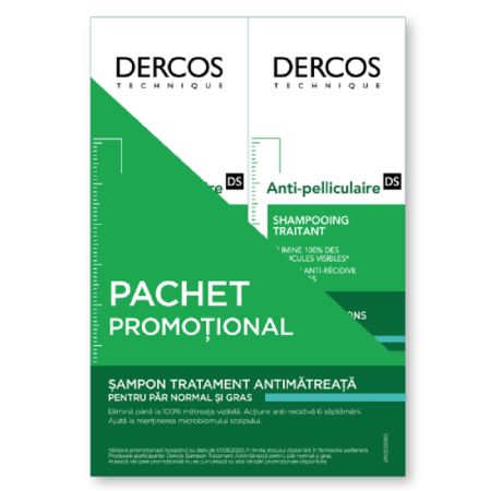 Pachet sampon antimatreata pentru par normal si gras, Dercos, 2x200 ml, Vichy